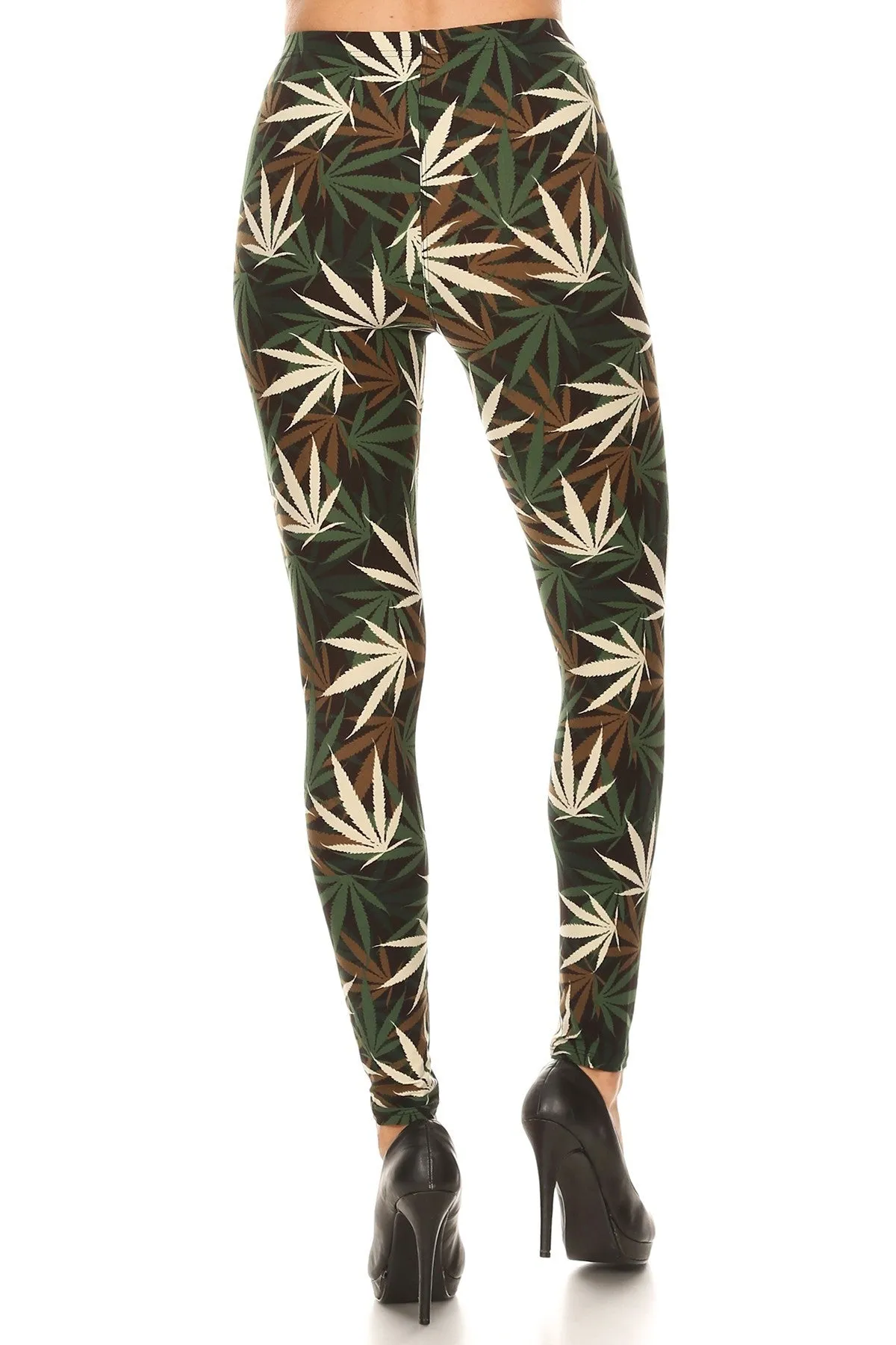 Women's Regular Olive Brown Leaf Cannabis Pattern Printed Leggings