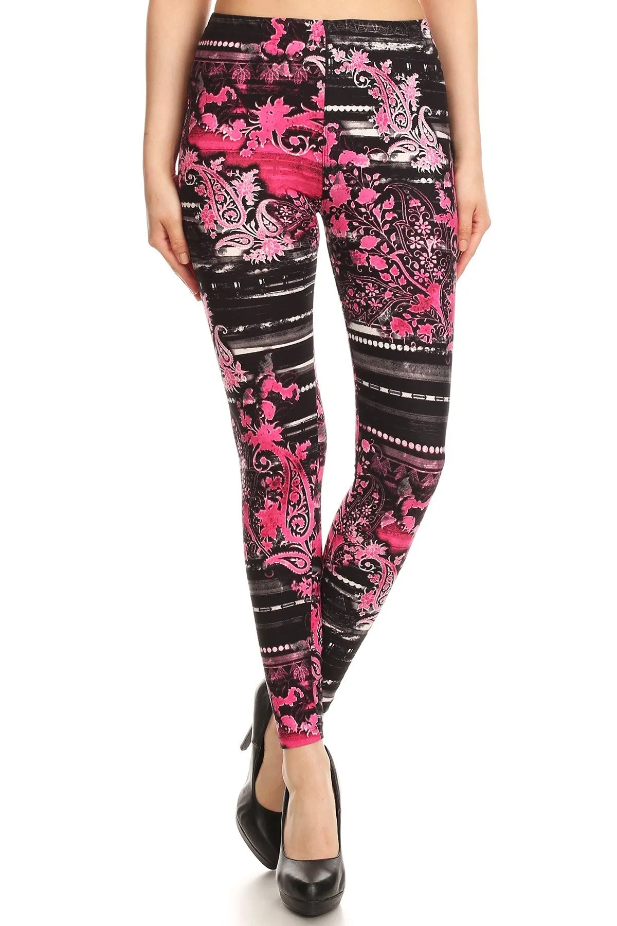 Women's Regular Pink Paisley Floral Pattern Printed Leggings