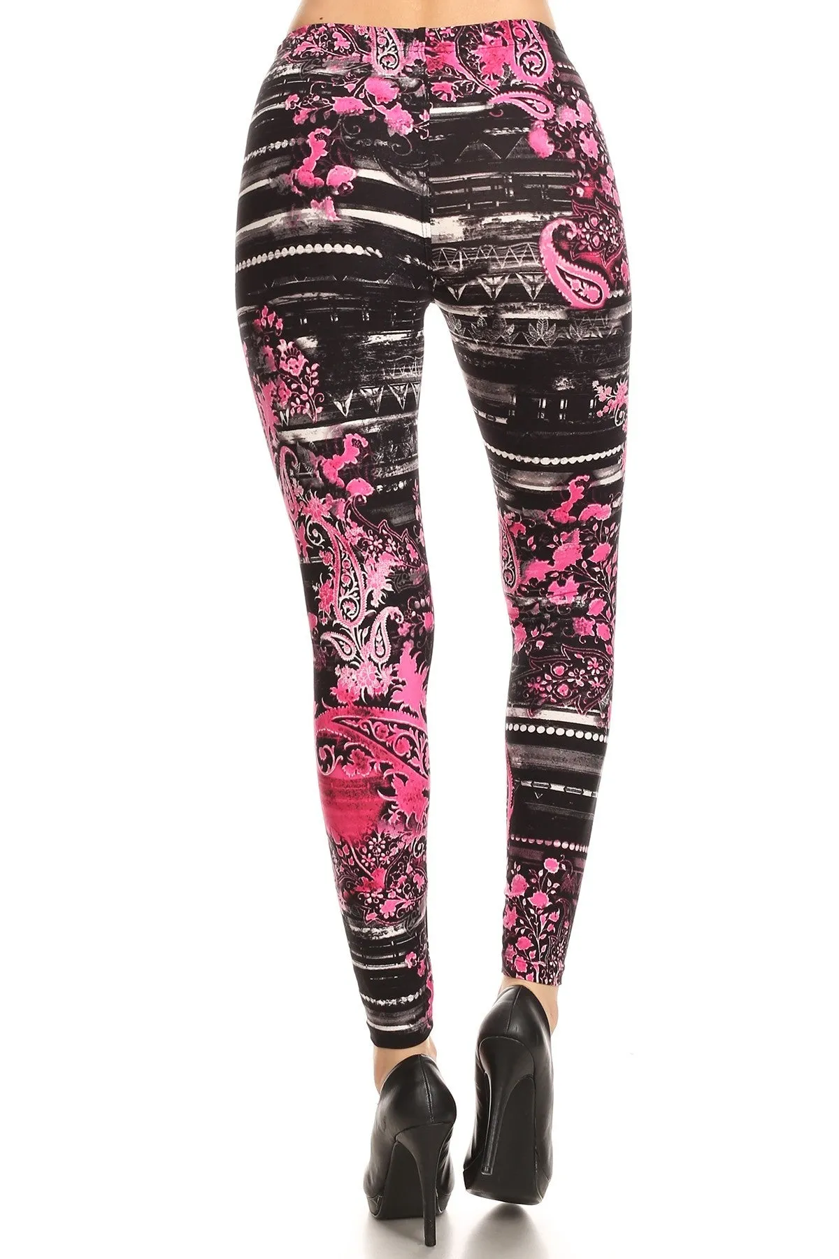 Women's Regular Pink Paisley Floral Pattern Printed Leggings