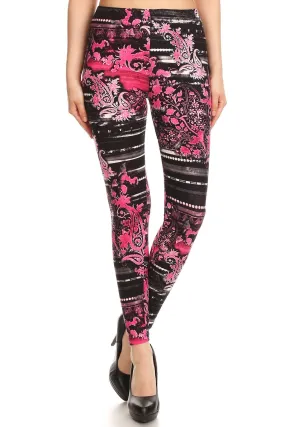 Women's Regular Pink Paisley Floral Pattern Printed Leggings