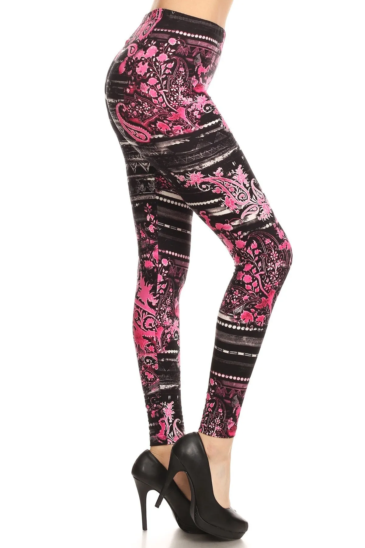 Women's Regular Pink Paisley Floral Pattern Printed Leggings