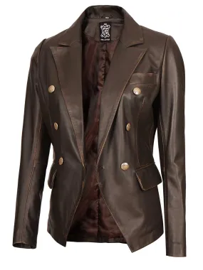 Womens Rub Off Double Breasted Real Leather Blazer