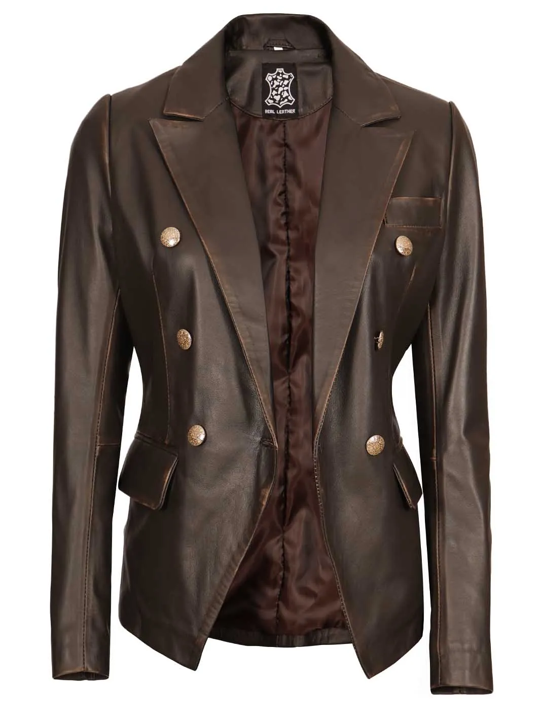 Womens Rub Off Double Breasted Real Leather Blazer