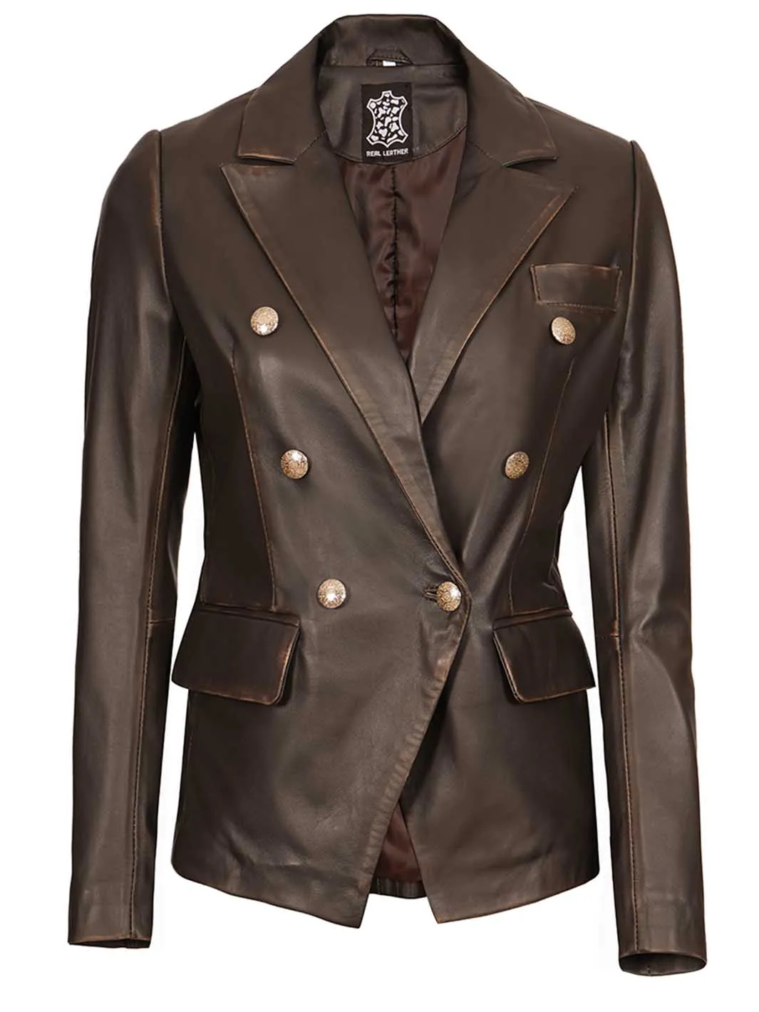 Womens Rub Off Double Breasted Real Leather Blazer