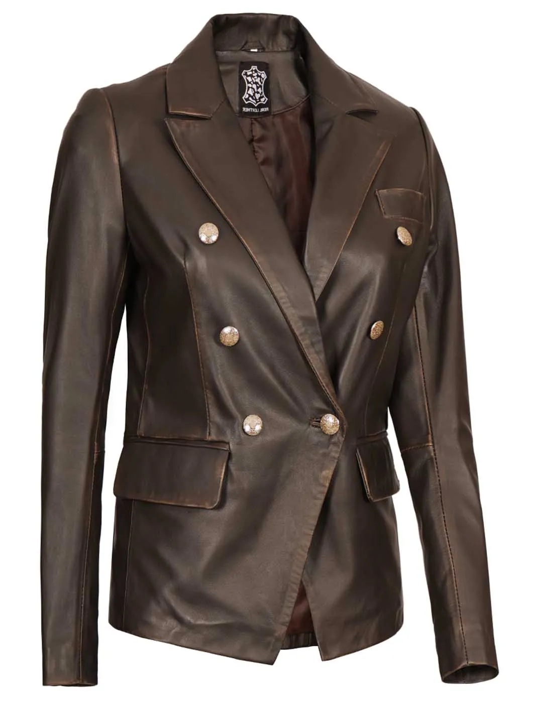 Womens Rub Off Double Breasted Real Leather Blazer