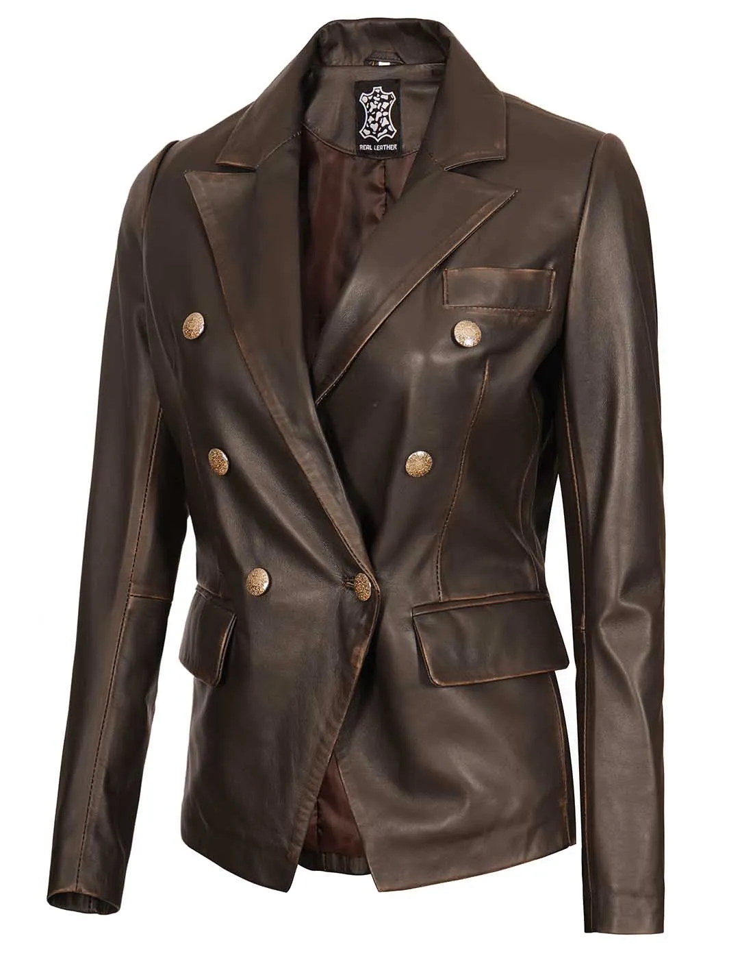 Womens Rub Off Double Breasted Real Leather Blazer