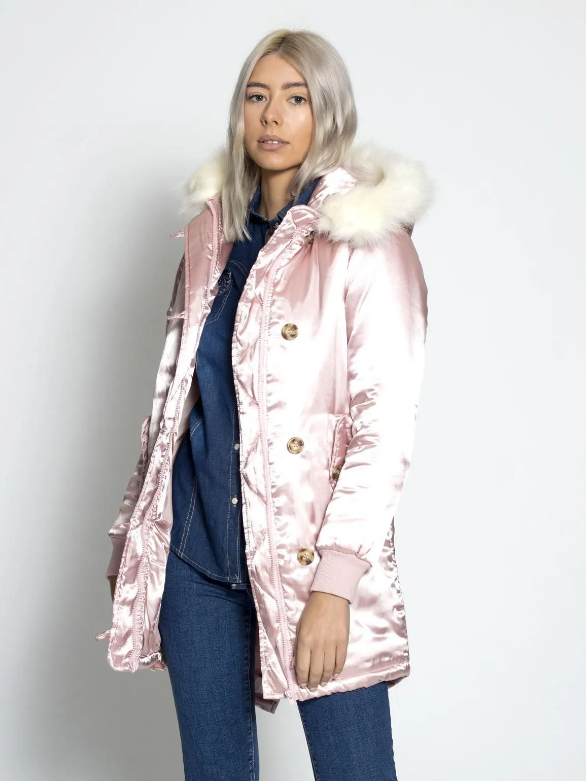 Womens Satin Pink Parka Coat with Faux Fur Trim, UK Sizes 6 to 16