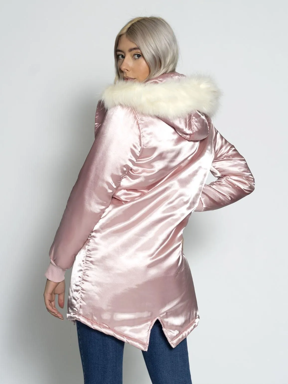 Womens Satin Pink Parka Coat with Faux Fur Trim, UK Sizes 6 to 16