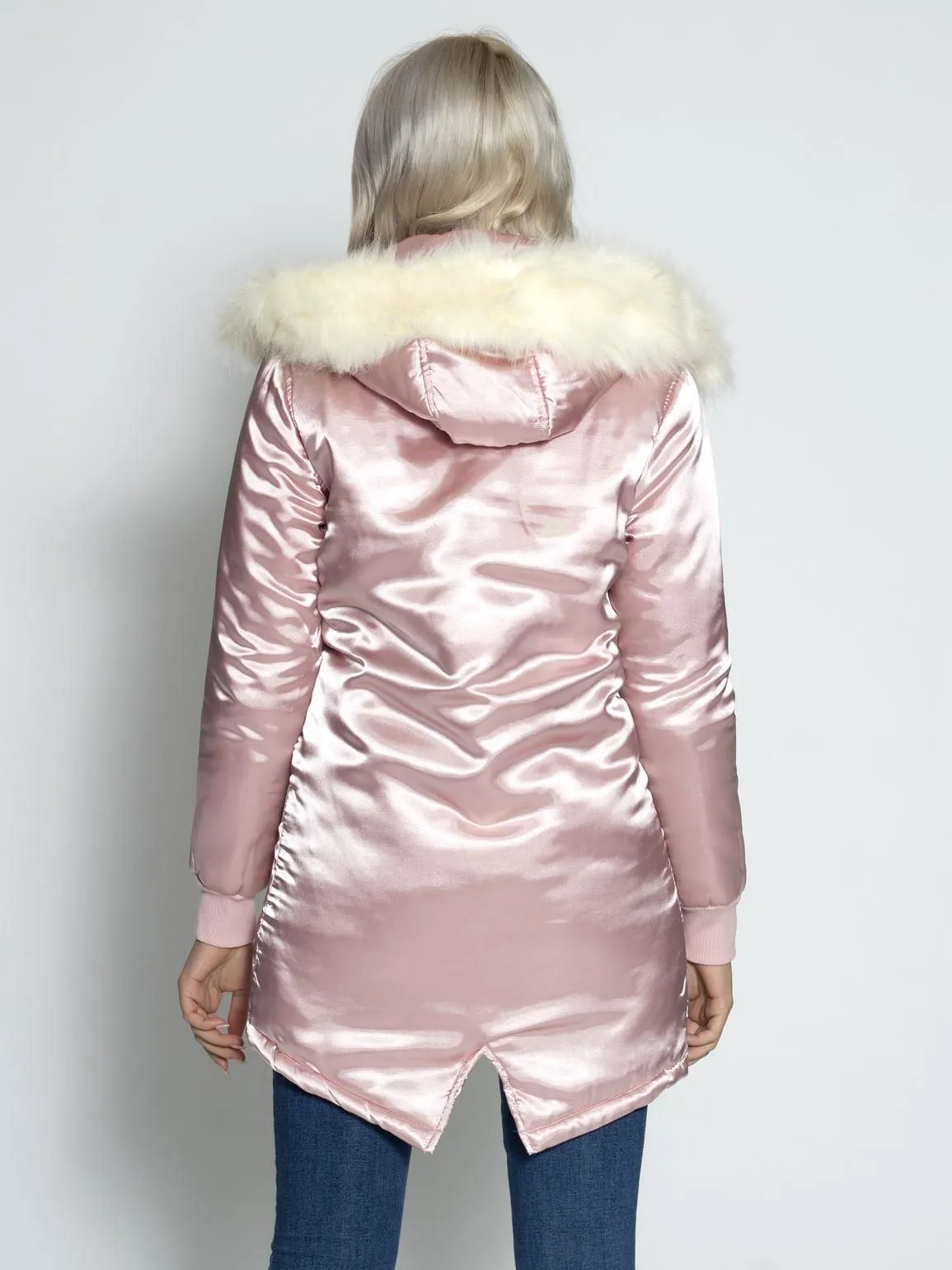 Womens Satin Pink Parka Coat with Faux Fur Trim, UK Sizes 6 to 16