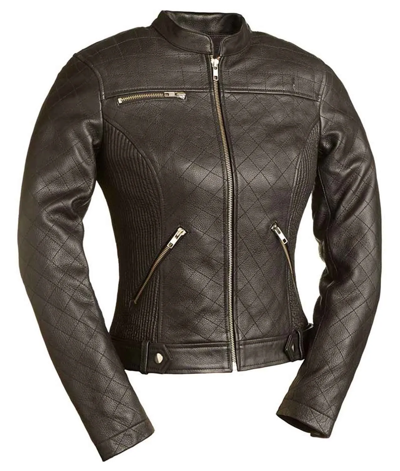 Womens Spandex Fitted Quilted Stitched Biker Jacket