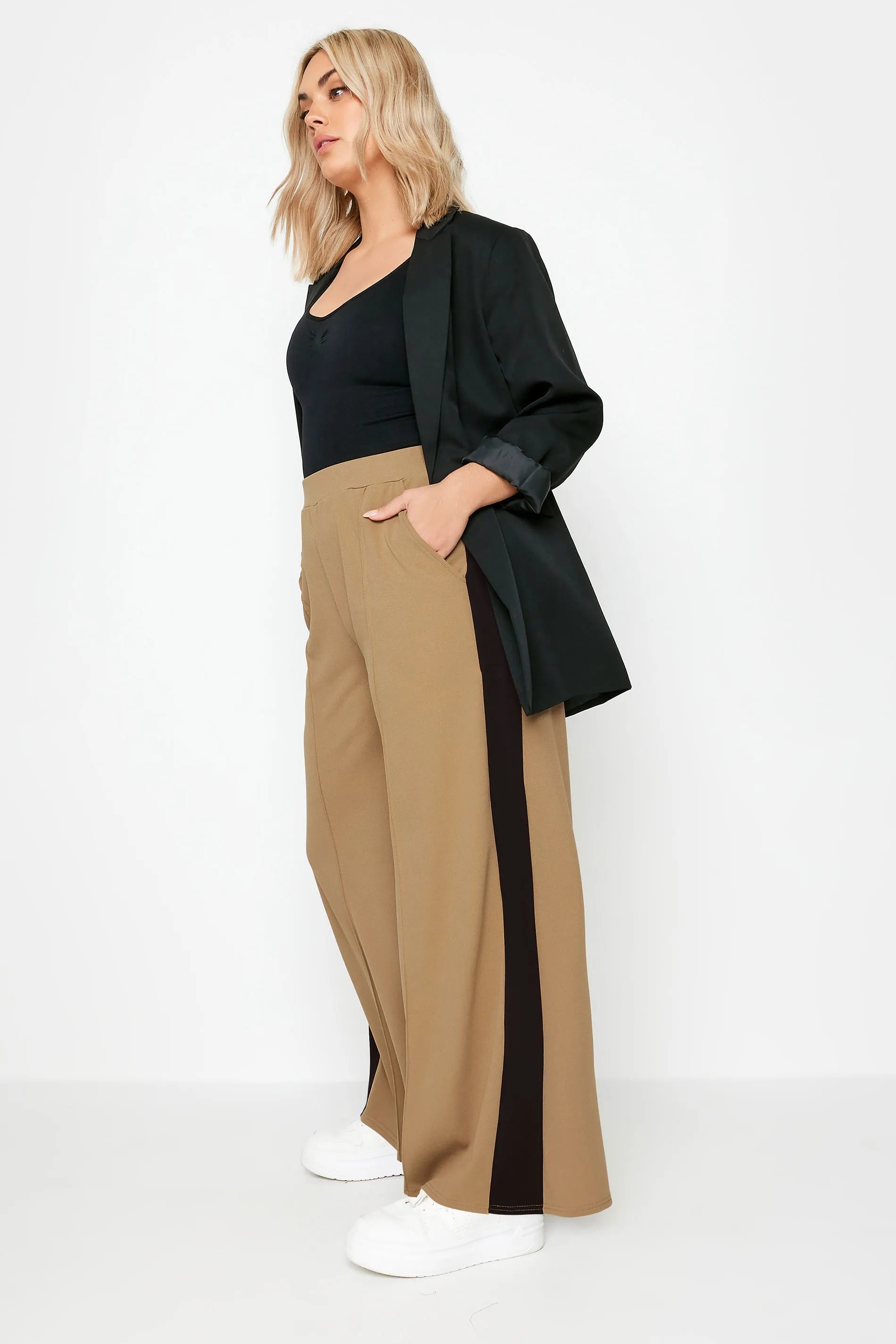 YOURS Curve Beige Brown Side Stripe Wide Leg Trousers