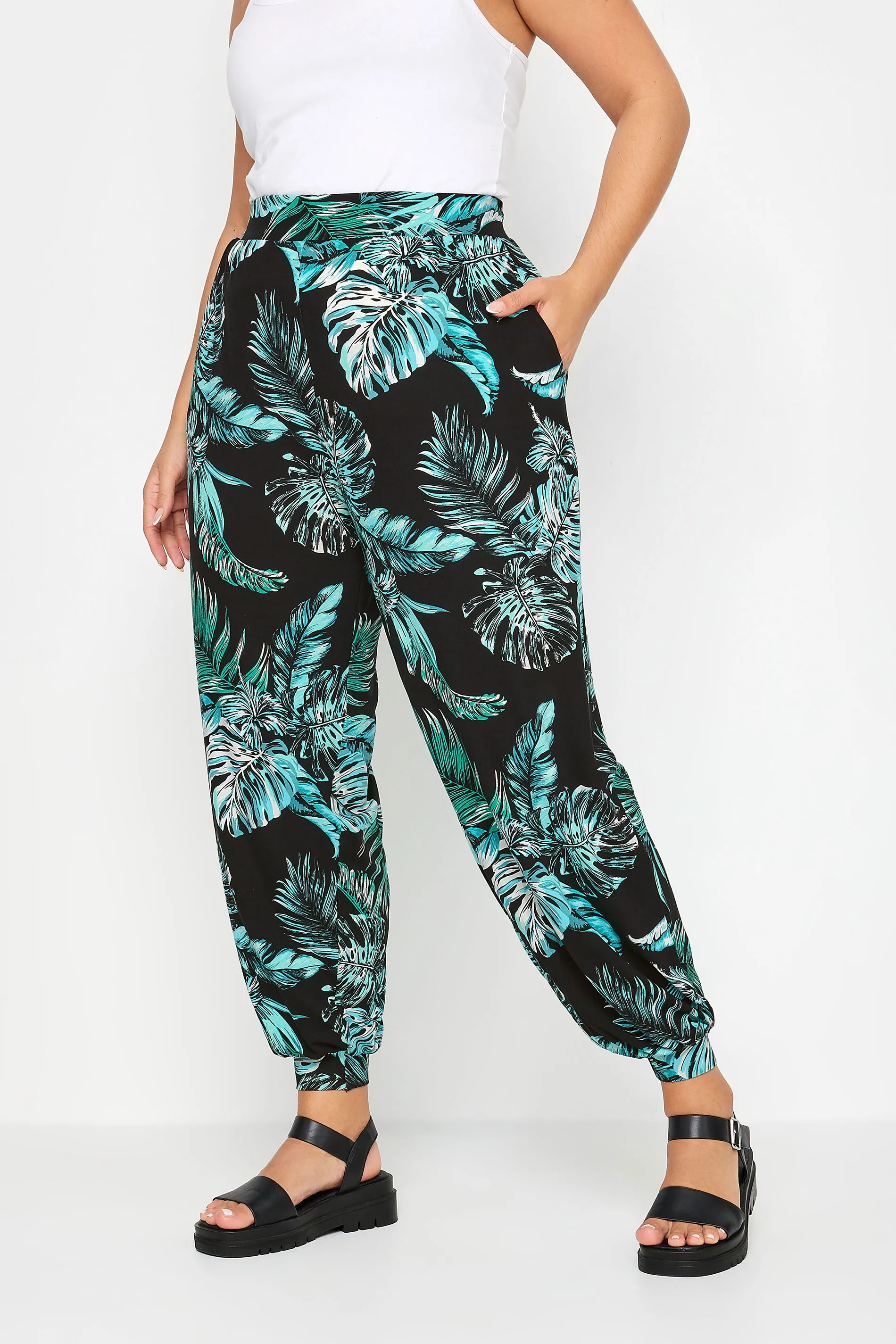 YOURS Curve Black Leaf Print Cuffed Harem Trousers