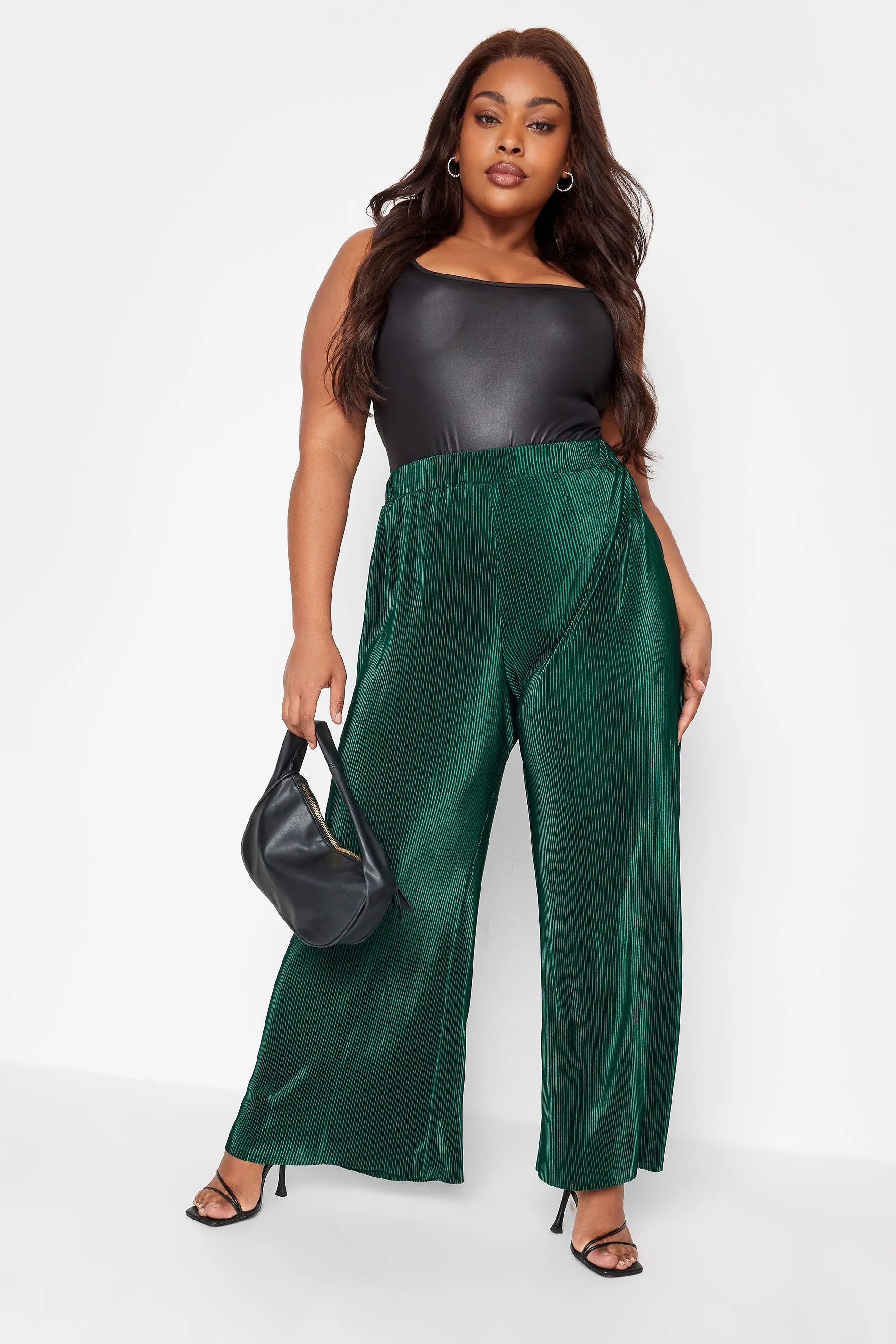 YOURS Curve Emerald Green Stretch Plisse Wide Leg Trousers