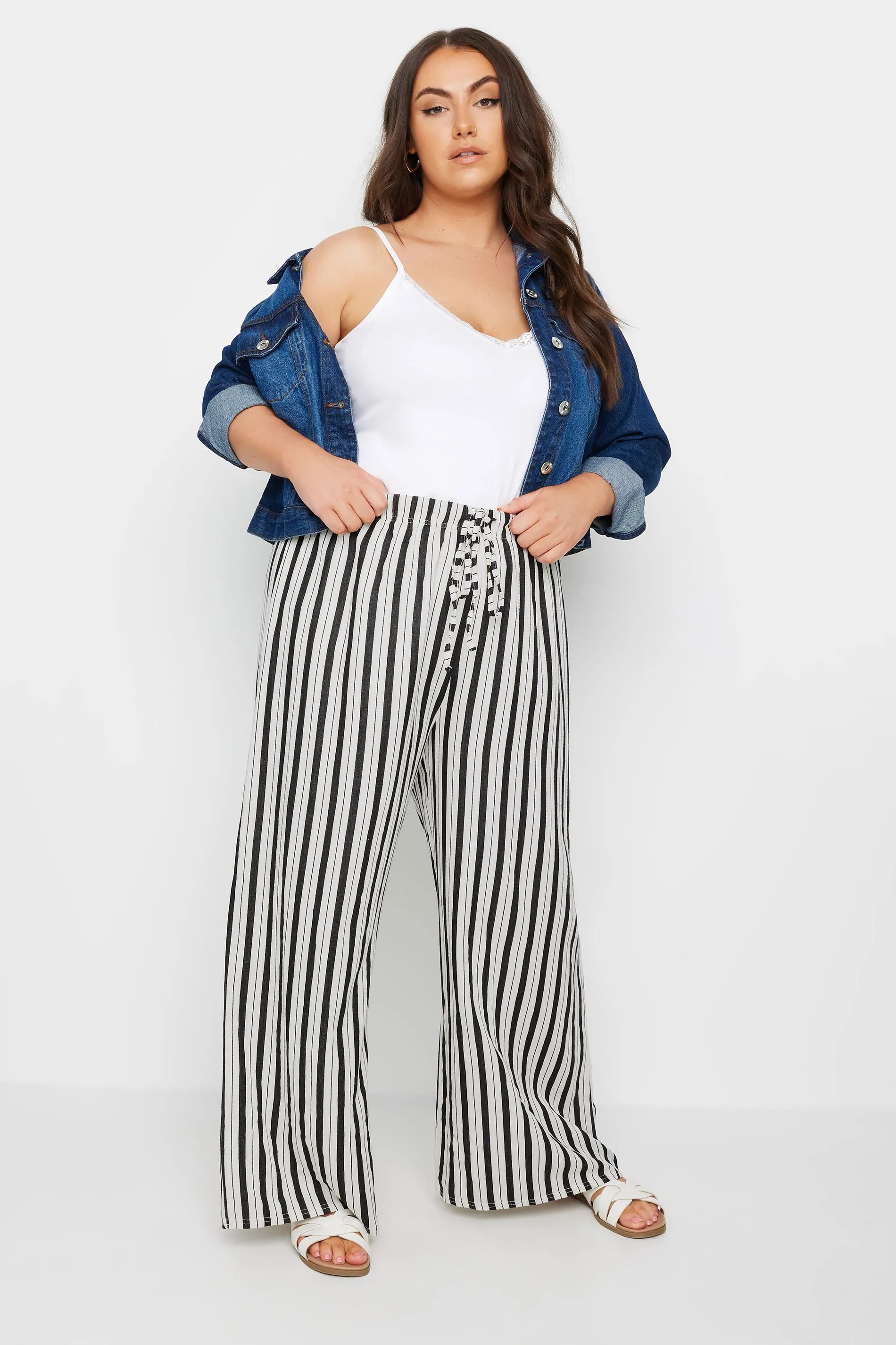 YOURS Curve White Stripe Wide Leg Linen Look Trousers